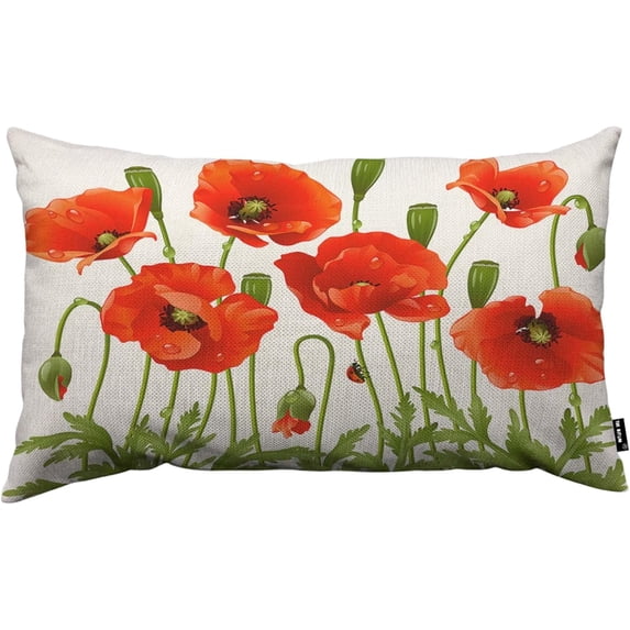 Red Poppy Pillow Covers 12 x 20 Inch Spring Flowers Rustic Linen Throw Pillow Covers 12x20 Inch for Sofa Couch Decoration