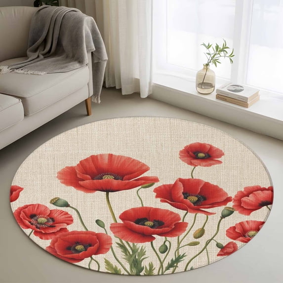 Red Poppy Round Area Rug 4Ft Washable Circle Rugs for Bedroom Dining Room, Spring Summer Farmhouse Flowers Rustic Burlap Non-Slip Carpet Floor Mats Indoor Outdoor Carpet Runner Aesthetic Home Decor