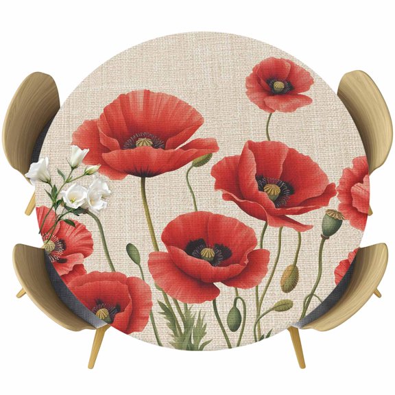 Red Poppy Round Tablecloth 45-54 Inch Round Fitted Table Cloth with Elastic Edge, Spring Summer Farmhouse Flowers Rustic Burlap Waterproof Table Cover Protector for Outdoor Picnic Party Dining
