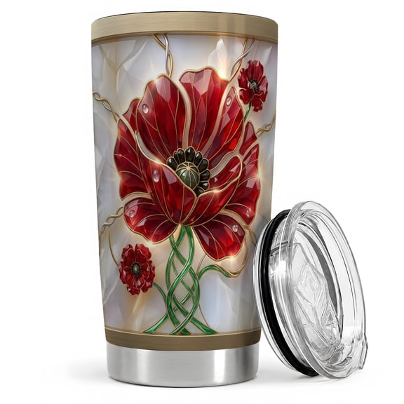 Red Poppy Stained Glass 20oz Tumbler, Poppy Tumbler for garden drinks, ruby flower petals with gold linework, green stem art, floral drink cup for women and remembrance art fans