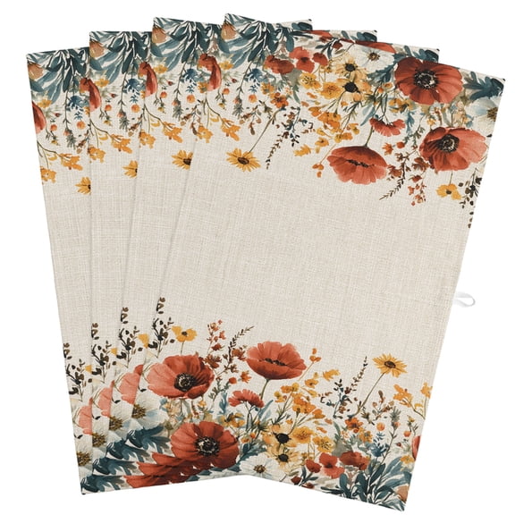 Red Poppy Sunflowers Kitchen Towels, Absorbent Microfiber Kitchen Dish Hand Tea Bath Towel, Spring Floral Farmhouse Quick Dry Cleaning Cloth Dishclothes Decorative Sets, (4-PC, 18x28)