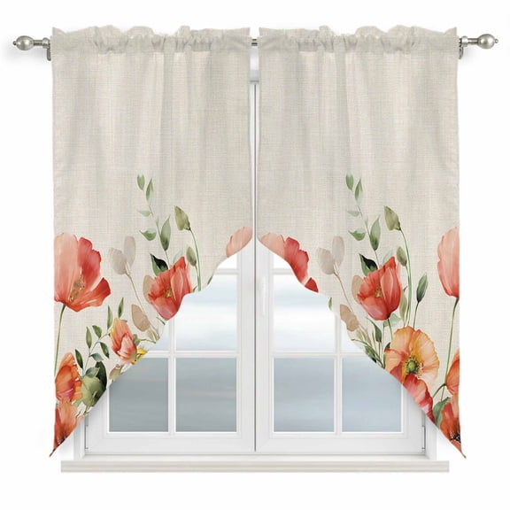 Red Poppy Swag Curtains for Living Room/Bedroom, Spring Country Watercolor Daisy Flower Leaf Plant Swag Kitchen Curtain Valances for Windows, Tier Topper Scalloped Curtain 2 Panels, 72"W x 36"L