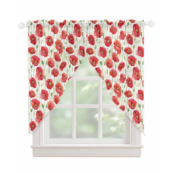 Red Poppy Swag Valances for Windows, Pastoral Flowers Green Leaves Vintage Botanical Rod Pocket Sheer Valances for Windows, Swag Toppers Light Filtering for Kitchen Living Room 2 Panels 36''x63''