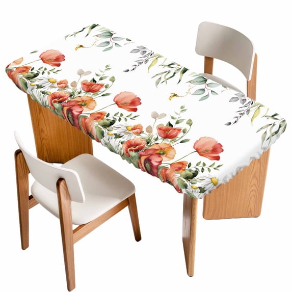 Red Poppy Table Cloths for 5 Foot Rectangle Tables, Spring Farmhouse Country Flower Leaf Plant Patio Waterproof Elastic Fitted Tablecloths, Washable Rectangular Table Cover for Camping