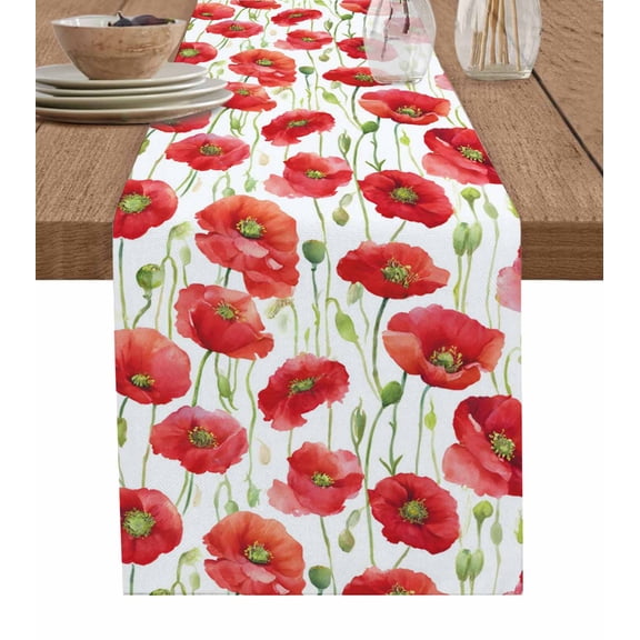 Red Poppy Table Runner 120 Inches, Pastoral Flowers Green Leaves Vintage Botanical Bed Runner Dresser Scarves Tabletop for Indoor Outdoor Parties/Ceremony/Banquet, 13"x 120"