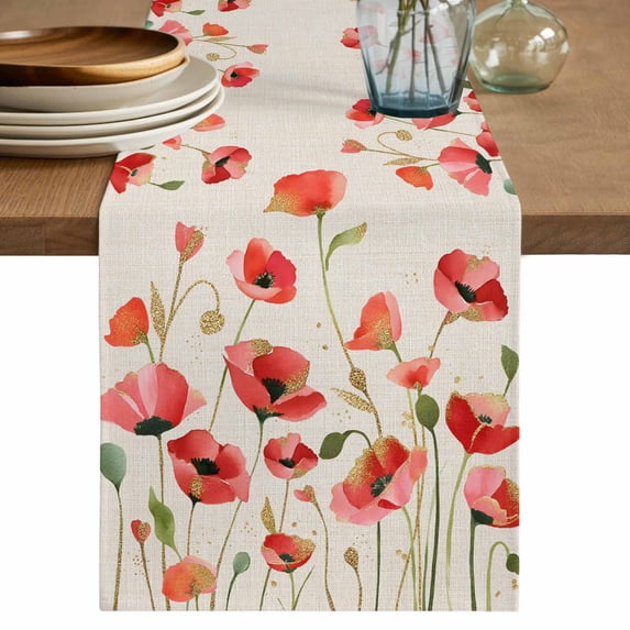 Red Poppy Table Runner 70 Inches, Spring Summer Flowers Botanical Rustic Bed Runner Dresser Scarves Tabletop for Indoor Outdoor Parties/Ceremony/Banquet, 13" x 70"