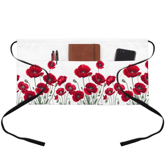 Red Poppy Waitress Apron with 3 Pockets, Spring Summer Farmhouse Flowers Watercolor Server Aprons Waterproof Kitchen Restaurant Half Waist Apron for Men Women