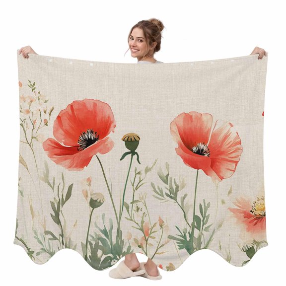 Red Poppy Wearable Blanket, Spring Floral Pastoral Watercolor Rustic Linen Texture Plush Thick Cozy Flannel Oversized Adult Throw Body Wearable Blankets with Pocket Gifts for Women Men 58x64in