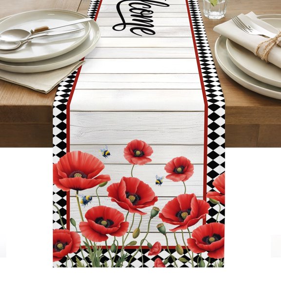 Red Poppy Welcome Table Runner Floral Black Buffalo Plaid Wooden Tablerunners 13 x 48 Inch, Table Decorations Tabletop Scarf for Summer Gathering Holiday Farmhouse Kitchen Dining Decor