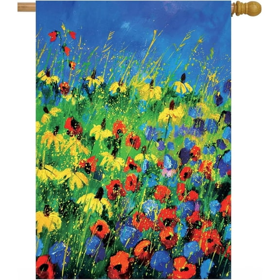 Red Poppy Yellow Daisy Floral Flower Spring Summer Watercolor Abstract Art House Flag 28 x 40 Inch, Double Sided Large Garden Yard Welcome Flags Banners for Home Lawn Patio Outdoor Decor