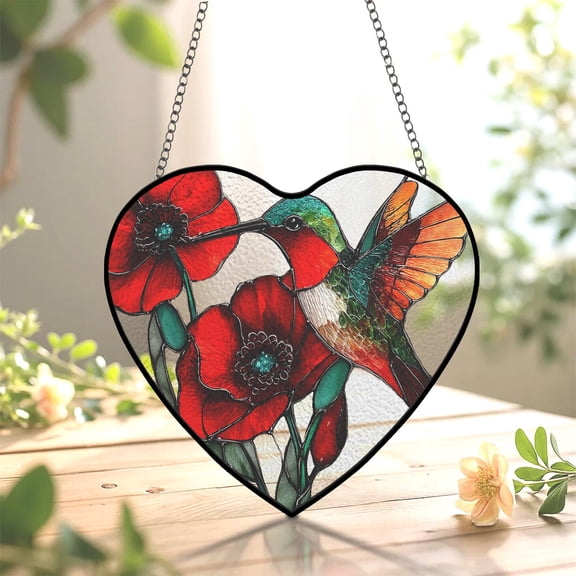 Red Poppy and Hummingbird Water Ripple Acrylic Sun Catchers, Cardinal Bird Heart Ornament, Unique Window Hanging Gift for Bird Flower Nature Lovers