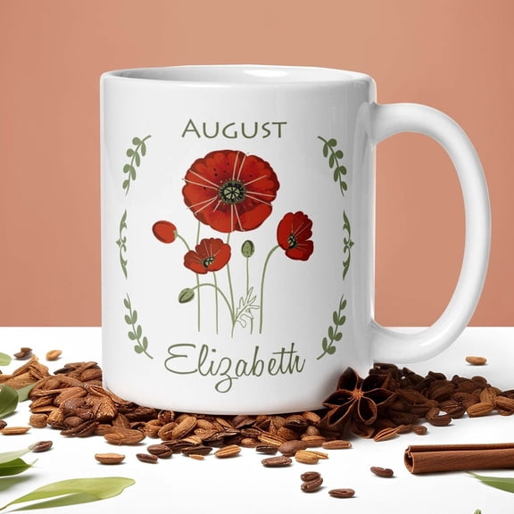 Red Poppy mug. Custom name tea cup. August birth month flower coffee mug