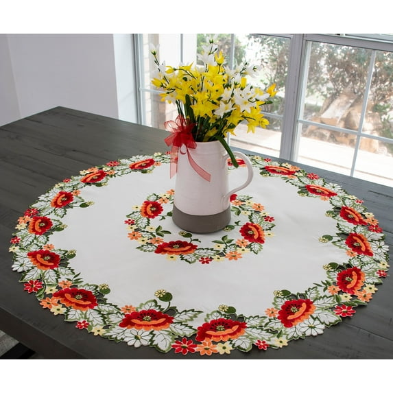 Red Poppy on Ivory Table Topper, Doily (23 / 33" Round)