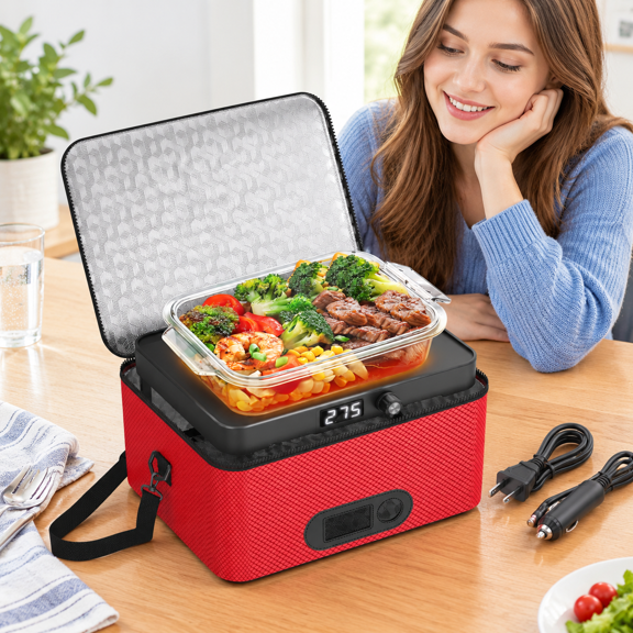 Red Portable 12v 24v 110v-240v Mini Electric Heated Lunch Box Food Warmer
