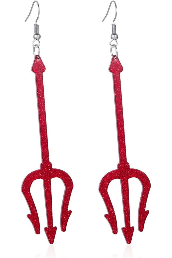 Red Poseidon Trident Dangle Earrings Devil Pitchfork Staff Dangling Hook Earrings Halloween Earrings Lightweight Acrylic Drop Earrings for Festival Party Jewelry