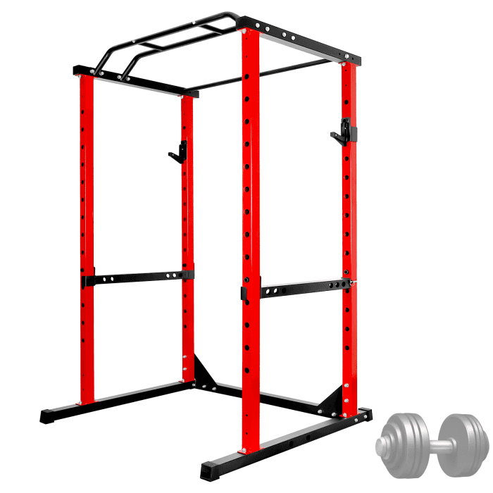 Red Power Cage, 44.3" (L) × 45.6" (W) × 81.5" (H), Pre-Installed Easy Setup, Space-Saving, High-Strength Steel, Squat Stand, Home Garage, Apartment, Studio Gym