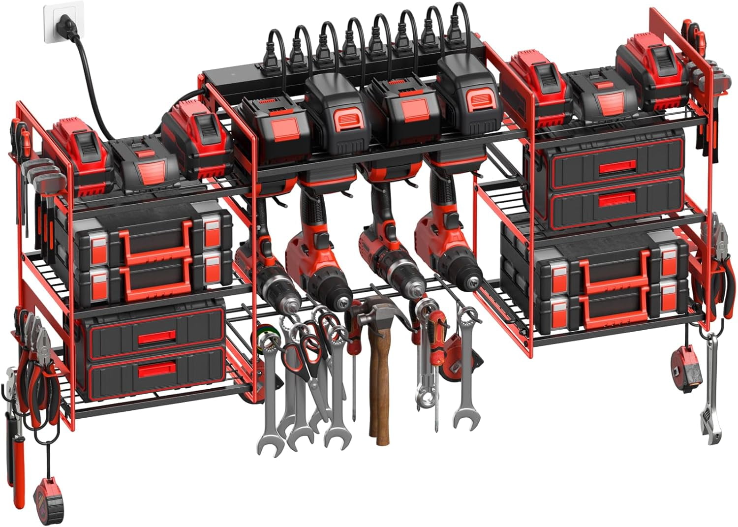 Red Power Tools Organizers Wall Mount, Large Tools and Battery Storage Rack Charging Station. 8 Drill Holder, All Metal, Garage Utility Shelves with 6FT Power Strip. Gift for Men.