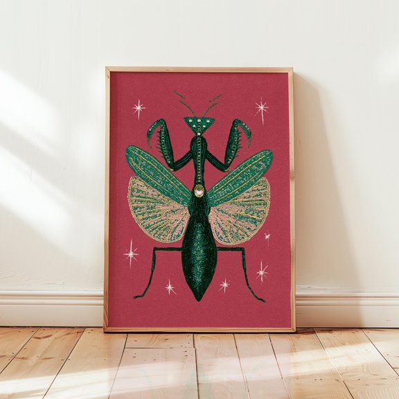 Red Praying Mantis Poster, Decorative Insect Print, Paper Wall Art, Poster Only