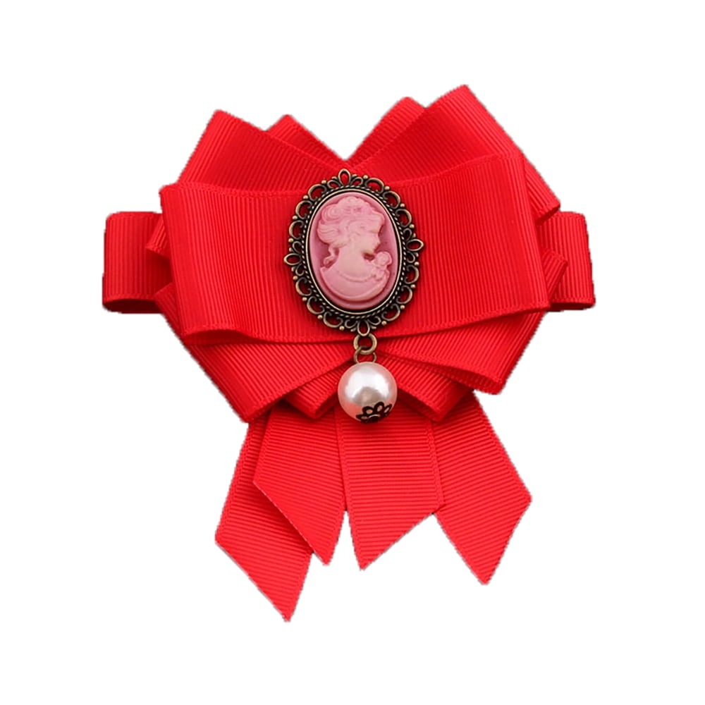 Red Pre-Tied Big Bow Ribbon Brooch Victorian Lady Cameo Faux Pearl ...