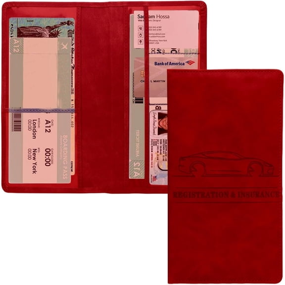 Red Premium Leather Car Document Holder - Organizer for Registration, Insurance Cards & Driver's License, Vehicle Papers Storage, Glove Box Accessories for Cars