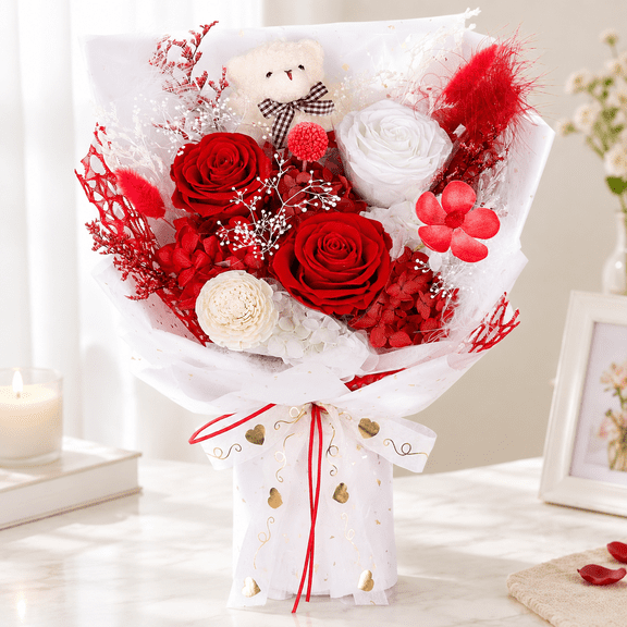 Red Preserved Flowers with Bear