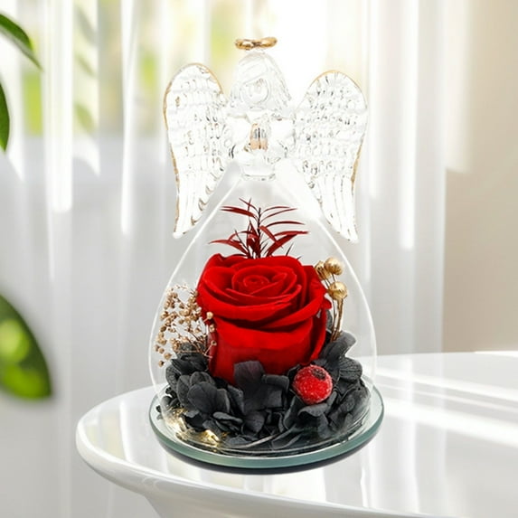 Red Preserved Rose in Glass Dome with LED Angel Figurine, Eternal Valentine’s Day Gift for Wife, Mom, Grandma