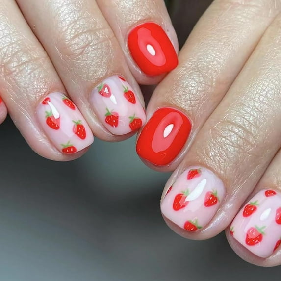 Red Press on Nails Short Square Fake Nails with Cute Strawberry Designs Glossy Acrylic False Nails Pink Full Cover Stick on Nails for Women Girls 24 Pcs Artificial Spring Nails Style 28 0.04 Fl Oz