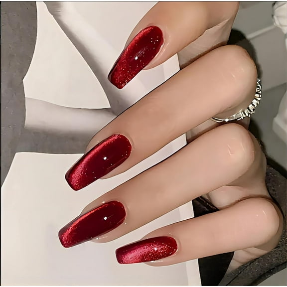 Red Press on Nails Coffin Shape Fake Nails Long False Nails with Cat Eye Design Glitter Glue on Nails for Women 24PCS