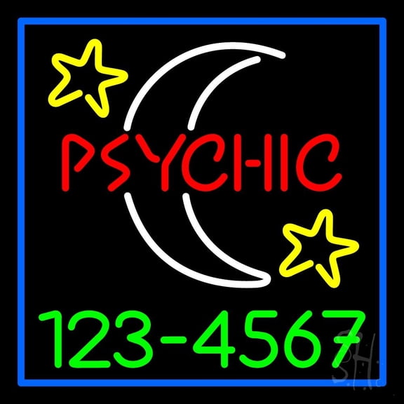 Red Psychic White Logo Green Phone Number LED Neon Sign 24" Tall x 24" Wide - inches Black Square Cut Acrylic Backing, with Dimmer - Bright and Premium built indoor LED Neon Sign for Storefront.