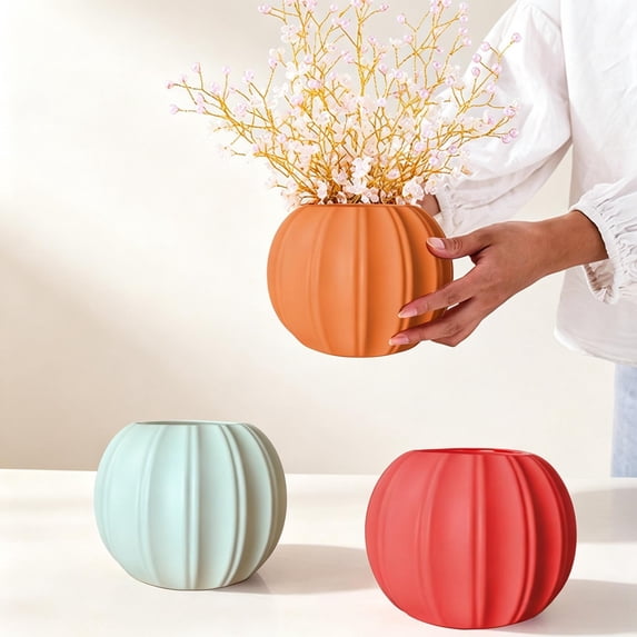 Red Pumpkin Shaped Plastic Flower Vase Pot, Decorative Planter Container for Succulents Small Plants, Modern Pumpkin Desktop Vase for Halloween Thanksgiving Fall Home Table Windowsill Indoor Decor