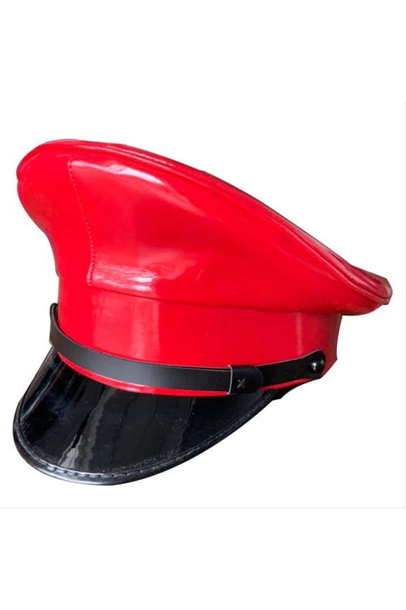 Red Punk Rock Captain Cap Performance Stage Show Night Bar Cap PU Leather M-ilitary Hat Cap ,Fashion