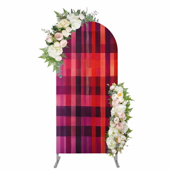 Red Purple Arch Backdrop Cover, Spandex Fitted Wedding Arch Cover, Modern Striped Plaid Abstract Oil Painted Round Top Stand Covers for Birthday Ceremony Bridal Shower Party Decor 4x1.65 Ft
