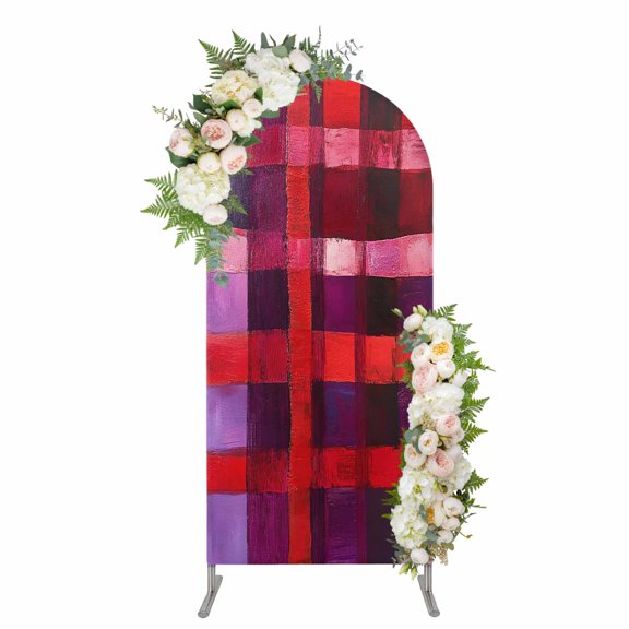Red Purple Arch Backdrop Cover, Spandex Fitted Wedding Arch Cover, Striped Plaid Modern Abstract Oil Painting Round Top Stand Covers for Birthday Ceremony Bridal Shower Party Decor 4x1.65 Ft