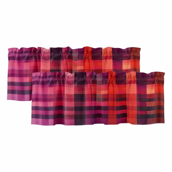 Red Purple Curtain Valances for Windows, Kitchen Valance Window Treatments Panel 2 Pack, Modern Striped Plaid Abstract Oil Painted Rod Pocket Short Curtains for Bathroom Bedroom 42 x 18 Inch
