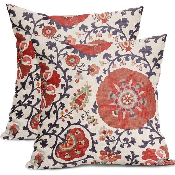 Red Purple Floral Pillow Covers 16x16 Inch Set of 2 Vintage Flower Outdoor Decorative Throw Pillow Covers Rustic Farmhouse Pillowcases Cotton Linen Cushion Covers for Couch Bedroom Sofa Chair Decor