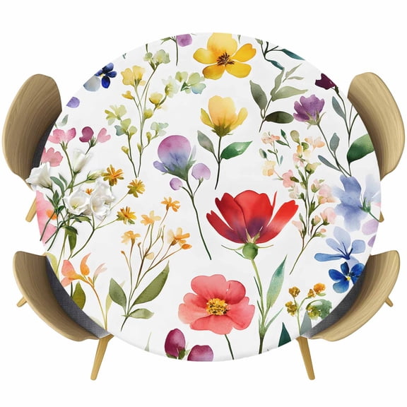 Red Purple Floral Round Tablecloth 36-44 Inch Round Fitted Table Cloth with Elastic Edge, Boho Yellow Flower Sage Green Leaf Waterproof Table Cover Protector for Outdoor Picnic Party Dining