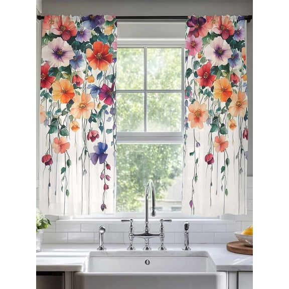 Red Purple Flower Sheer Curtains for Living Room Bedroom Farmhouse Spring Vine Floral Leaf Sheer Curtains 63 Inch Long 2 Panels Set Light Filtering Curtain Window Treatments Drapes for Dining Room