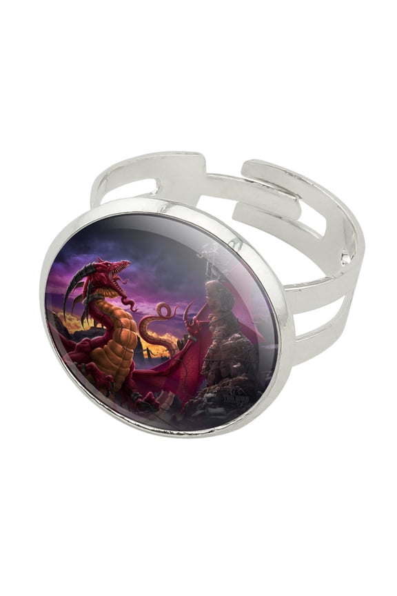Red Purple Horned Dragon Unleashed Wizard Fantasy Silver Plated Adjustable Novelty Ring