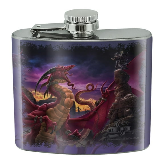 Red Purple Horned Dragon Unleashed Wizard Fantasy Stainless Steel 5oz Hip Drink Kidney Flask