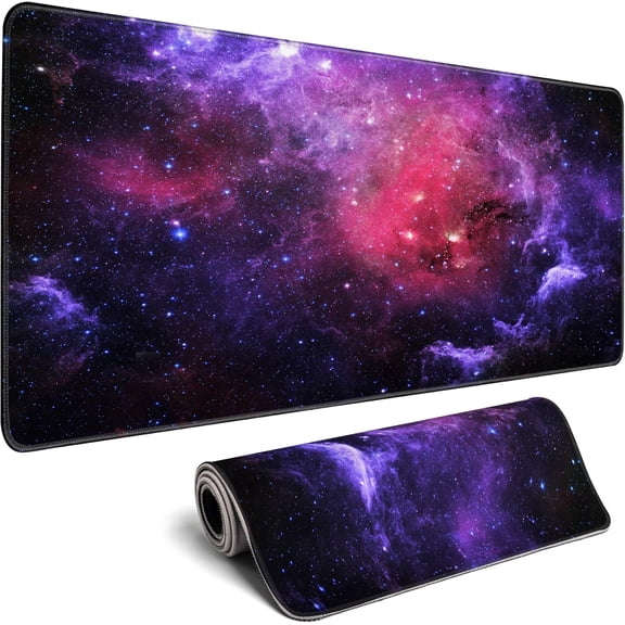 Red Purple Nebula Galaxy Gaming Mouse Pad - Extended Large Desk Pad, Stitched Edges, Non-Slip Rubber Base, Mice Pad for Computer Laptop Gamers, 31.5x11.8 Inch