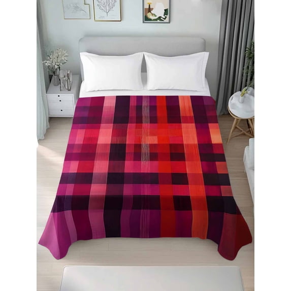 Red Purple Queen Size Flat Sheet, Wrinkleproof & Fadeproof Cooling Flat Bed Sheet Only, Modern Striped Plaid Abstract Oil Painted Breathable Soft Bedding Top Sheets 90 x 102 Inches