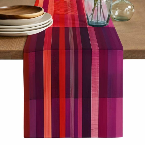 Red Purple Table Runner, Modern Striped Plaid Abstract Oil Painted Washable Cotton Linen Table Runners 36 Inches Long, Dresser Scarf Runner for Nightstand/End Tables/Round Tables 13''x36''