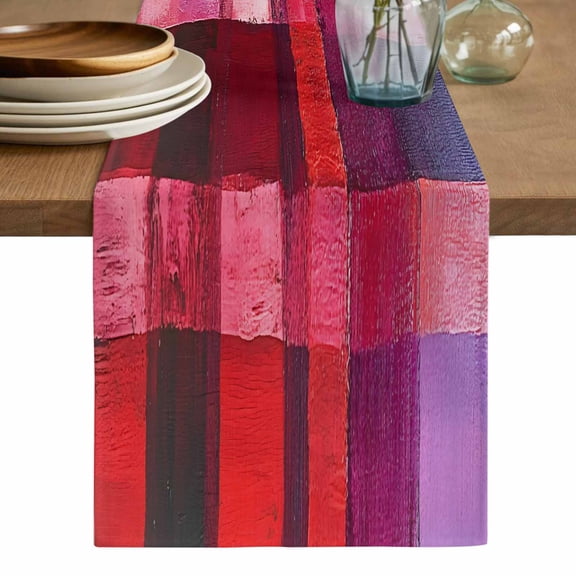Red Purple Table Runner, Striped Plaid Modern Abstract Oil Painting Washable Cotton Linen Table Runners 48 Inches Long, Dresser Scarf Runner for Nightstand/Coffee/End Tables 13''x48''