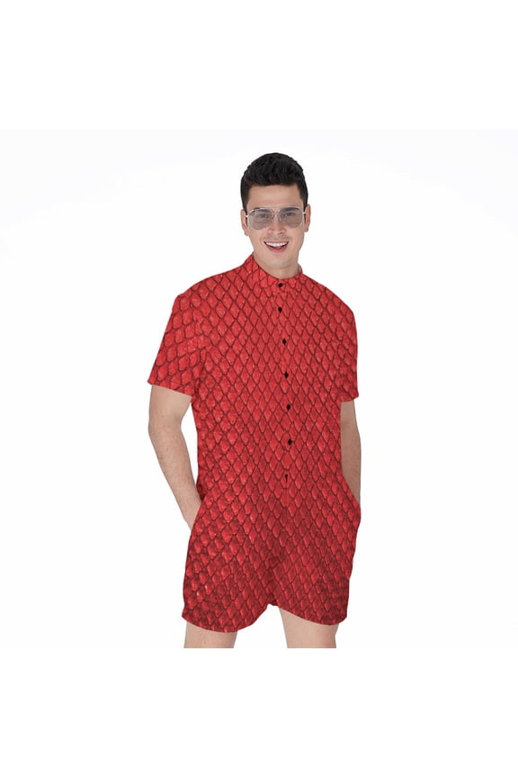 Red Python Snakeskin Short Sleeve Men'S Rompers, Snakes Python Casual Summer Jumpsuits Outfit
