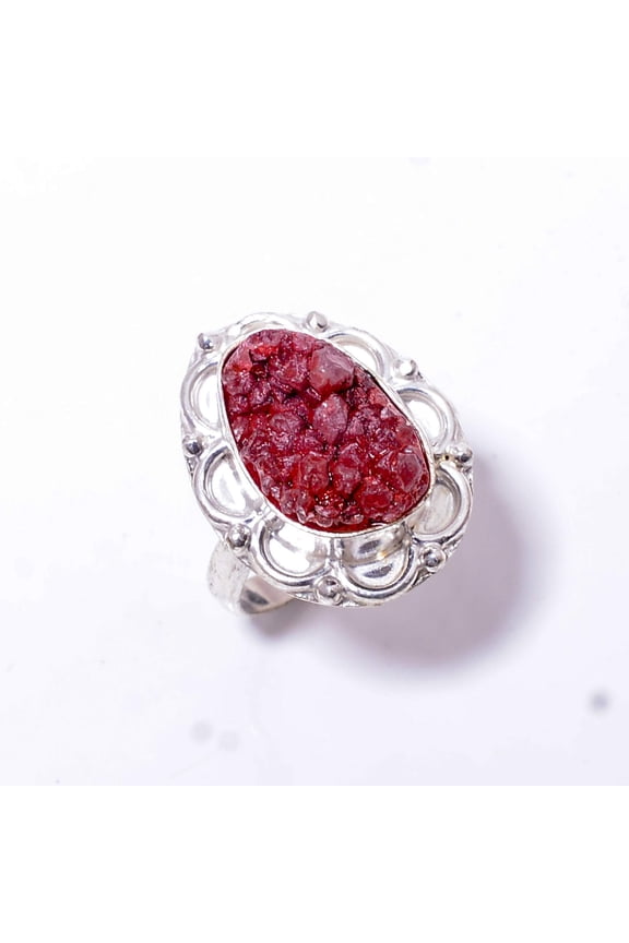 Red Quartz Drusy - India Designer Handmade 925 Sterling Silver Ring S.8.5 R196