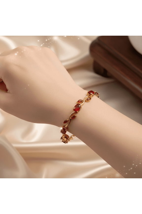Red Quartz Tennis Bracelet for Women Gold Plated Stainless Steel Bracelet Oval Marquise Quartz Stone Link Bracelet Premium Elegant Fashion Jewelry Gift Party Wedding Daily Wear