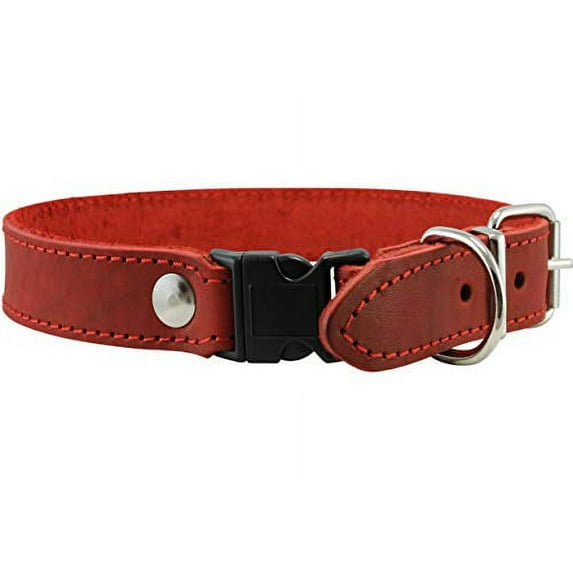 Red Quick Release Genuine Leather Classic Dog Collar 1" Wide Adjustable Fits 17"-20" Neck Medium to Large
