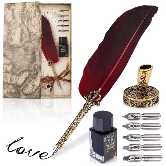 Red Quill Pen and Ink Set - 11.4" Antique Pen and Ink Set with Stainless Nib for Calligraphy Practice, Drawing & Signatures - Designed for Beginners and Calligraphy Enthusiasts