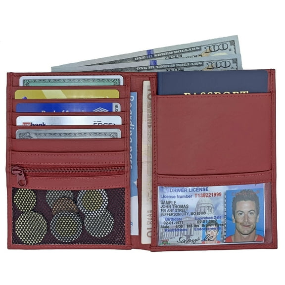 Red RFID Blocking Genuine Leather Travel Passport Wallet Holder