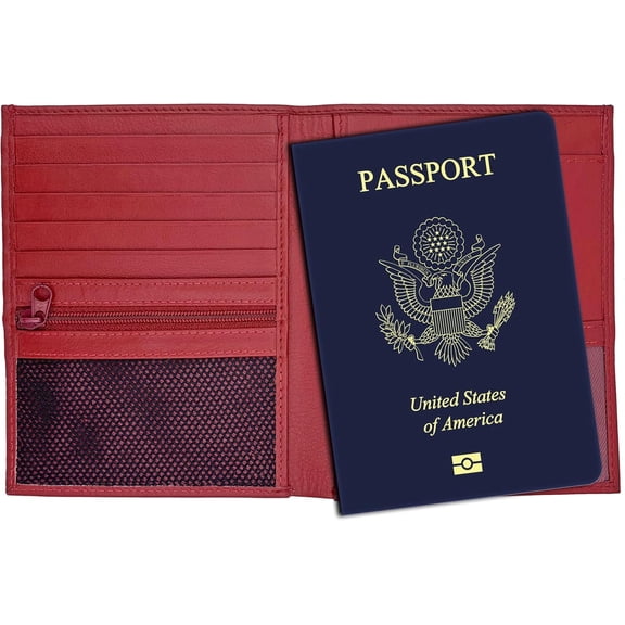 Red RFID Blocking Genuine Leather Travel Passport Wallet Holder